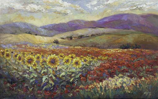 Field of Sunshine III new 30x48 palette knife oil painting Niki Gulley sunflowers poppies